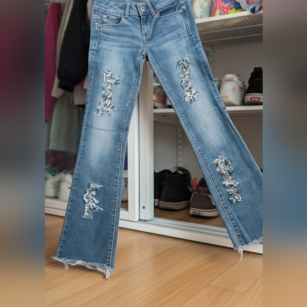 AMERICAN EAGLE Women's Western Blue KICKBOOT Wide Leg Flare Distressed